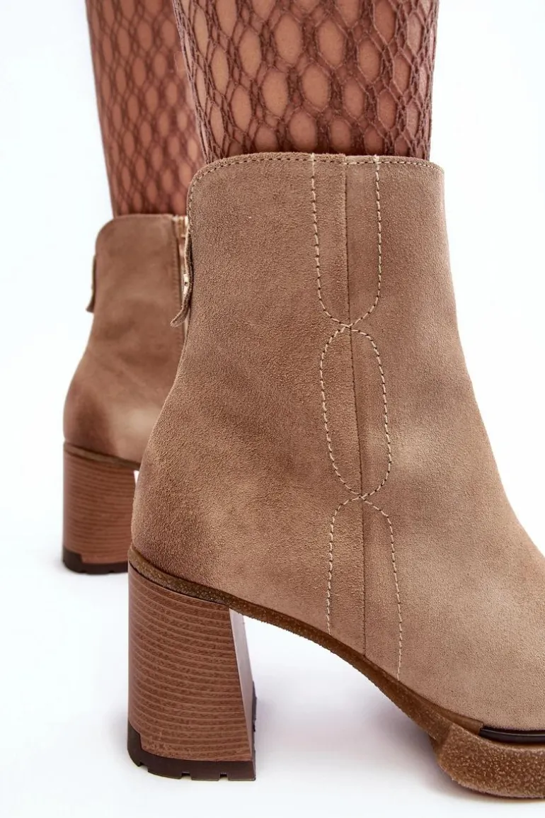 Zamszowe Botki Damskie Na Słupku Beżowe Lemar Remilda