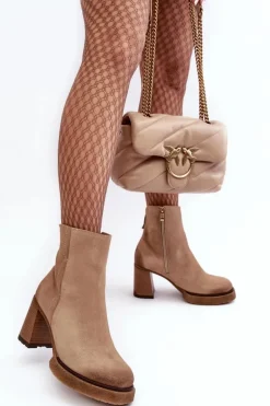 Zamszowe Botki Damskie Na Słupku Beżowe Lemar Remilda