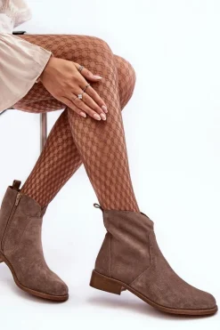 Zamszowe Botki Damskie Na Suwak Ciemnobeżowe Nicole 2829