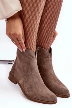 Zamszowe Botki Damskie Na Suwak Ciemnobeżowe Nicole 2829