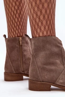 Zamszowe Botki Damskie Na Suwak Ciemnobeżowe Nicole 2829