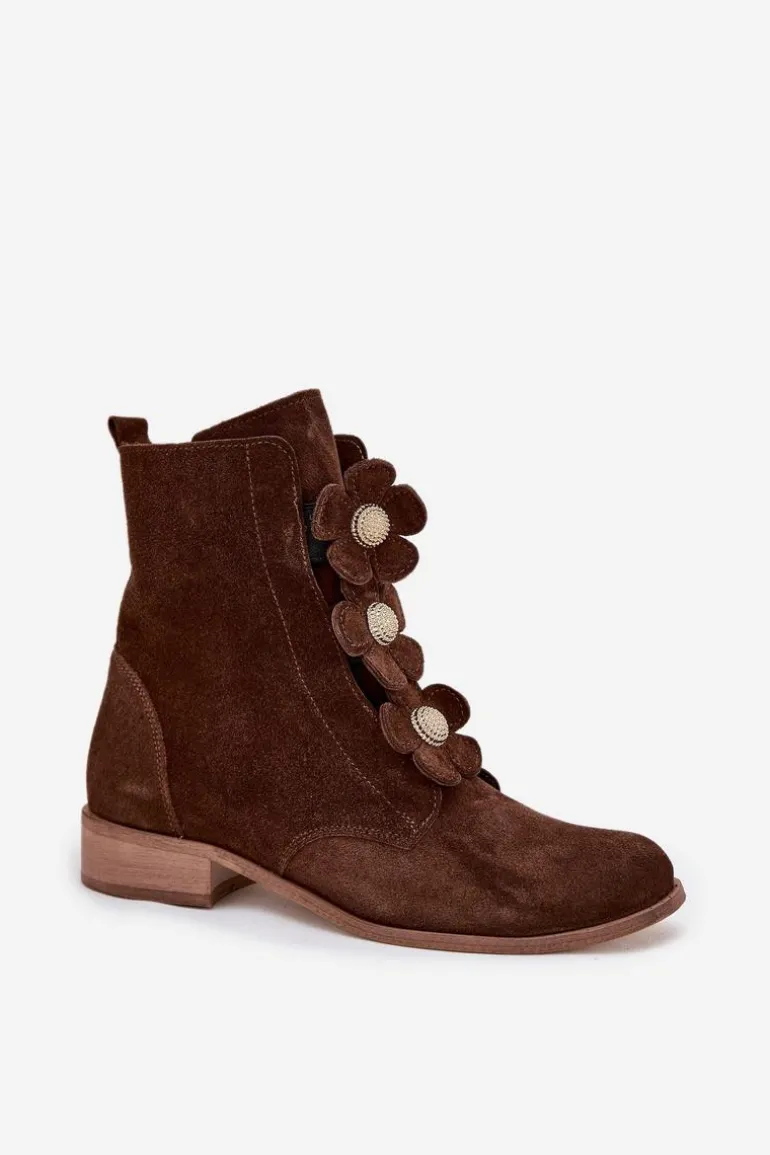 Zamszowe Botki Damskie Z Ozdobnymi Kwiatkami Zazoo 3085 Brązowe