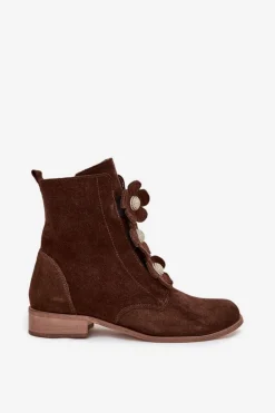 Zamszowe Botki Damskie Z Ozdobnymi Kwiatkami Zazoo 3085 Brązowe