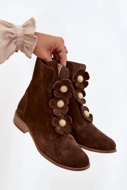Zamszowe Botki Damskie Z Ozdobnymi Kwiatkami Zazoo 3085 Brązowe