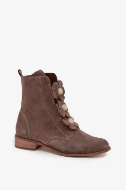 Zamszowe Botki Damskie Z Ozdobnymi Kwiatkami Zazoo 3085 Ciemnobeżowe