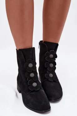Zamszowe Botki Damskie Z Ozdobnymi Kwiatkami Zazoo 3085 Czarne