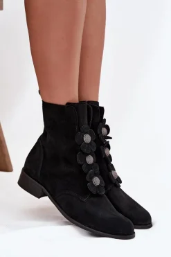 Zamszowe Botki Damskie Z Ozdobnymi Kwiatkami Zazoo 3085 Czarne