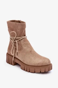 Zamszowe Botki Damskie Z Wiązaniem Beżowe Lineanor