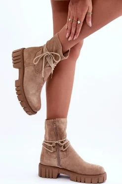Zamszowe Botki Damskie Z Wiązaniem Beżowe Lineanor