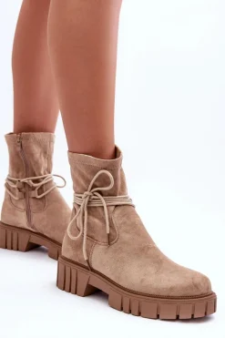 Zamszowe Botki Damskie Z Wiązaniem Beżowe Lineanor