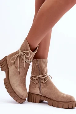 Zamszowe Botki Damskie Z Wiązaniem Beżowe Lineanor