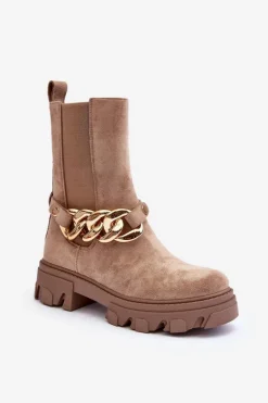 Zamszowe Botki Damskie Z Łańcuchem Beżowe Nemette