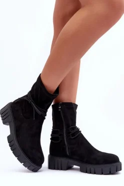 Zamszowe Botki Damskie Z Wiązaniem Czarne Lineanor