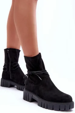 Zamszowe Botki Damskie Z Wiązaniem Czarne Lineanor