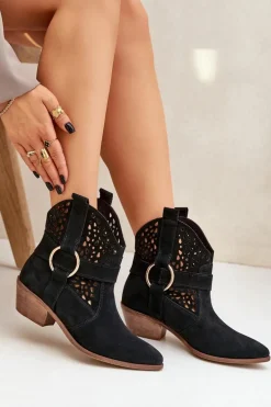 Zamszowe Botki Kowbojki Ażurowe Na Obcasie Zazoo 2994 Czarne