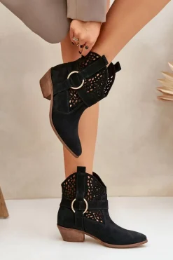 Zamszowe Botki Kowbojki Ażurowe Na Obcasie Zazoo 2994 Czarne