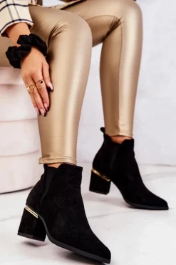 Zamszowe Botki Kowbojki Ażurowe Czarne Helloni