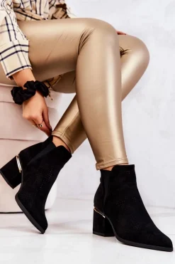 Zamszowe Botki Kowbojki Ażurowe Czarne Helloni