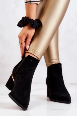 Zamszowe Botki Kowbojki Ażurowe Czarne Helloni