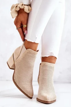 Zamszowe Botki Kowbojki Ażurowe Jasnobeżowe Helloni