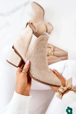 Zamszowe Botki Kowbojki Ażurowe Jasnobeżowe Helloni