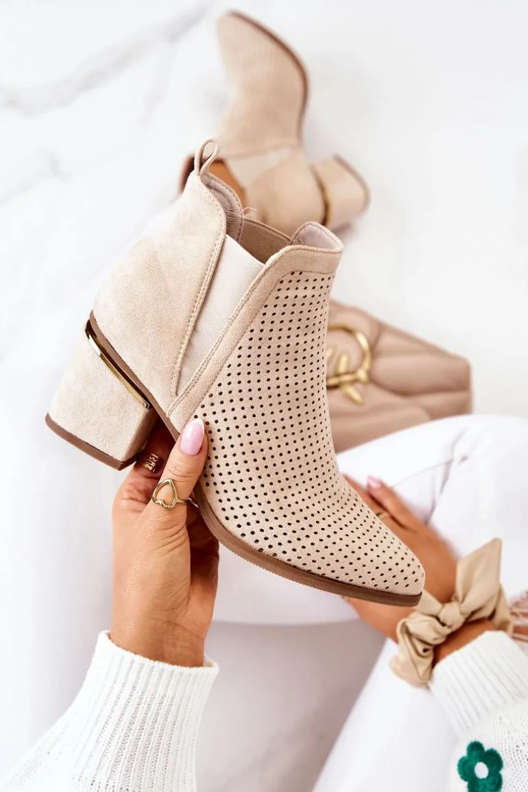 Zamszowe Botki Kowbojki Ażurowe Jasnobeżowe Helloni