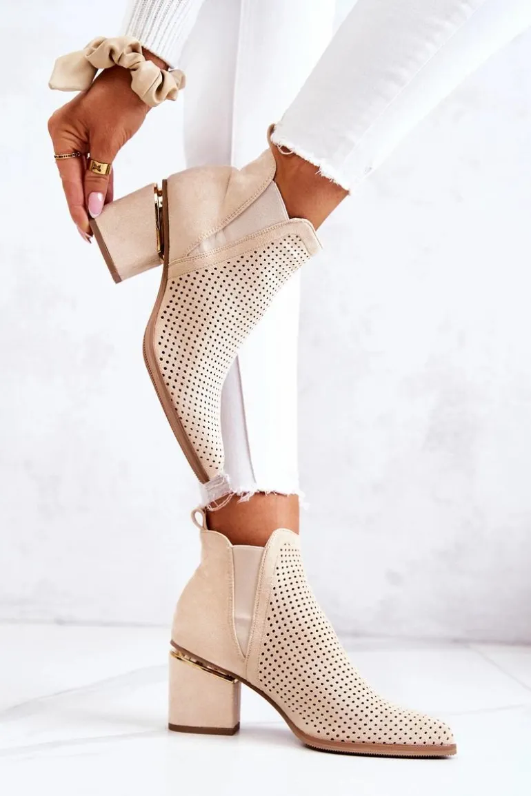 Zamszowe Botki Kowbojki Ażurowe Jasnobeżowe Helloni