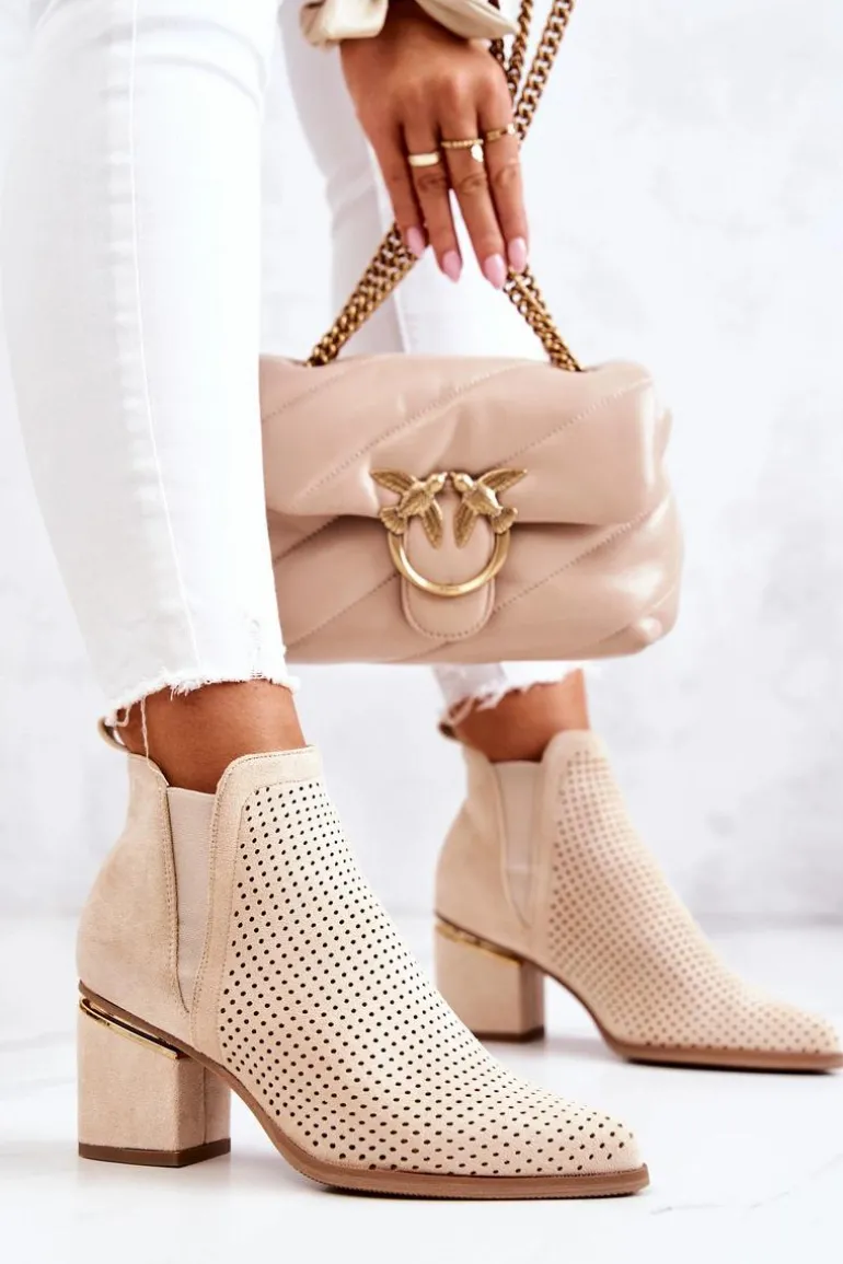 Zamszowe Botki Kowbojki Ażurowe Jasnobeżowe Helloni