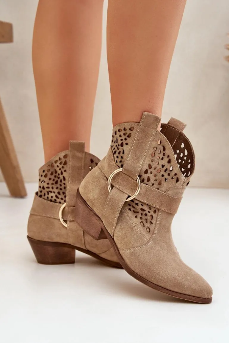 Zamszowe Botki Kowbojki Ażurowe Na Obcasie Zazoo 2994 Beżowe
