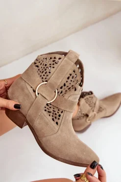 Zamszowe Botki Kowbojki Ażurowe Na Obcasie Zazoo 2994 Beżowe