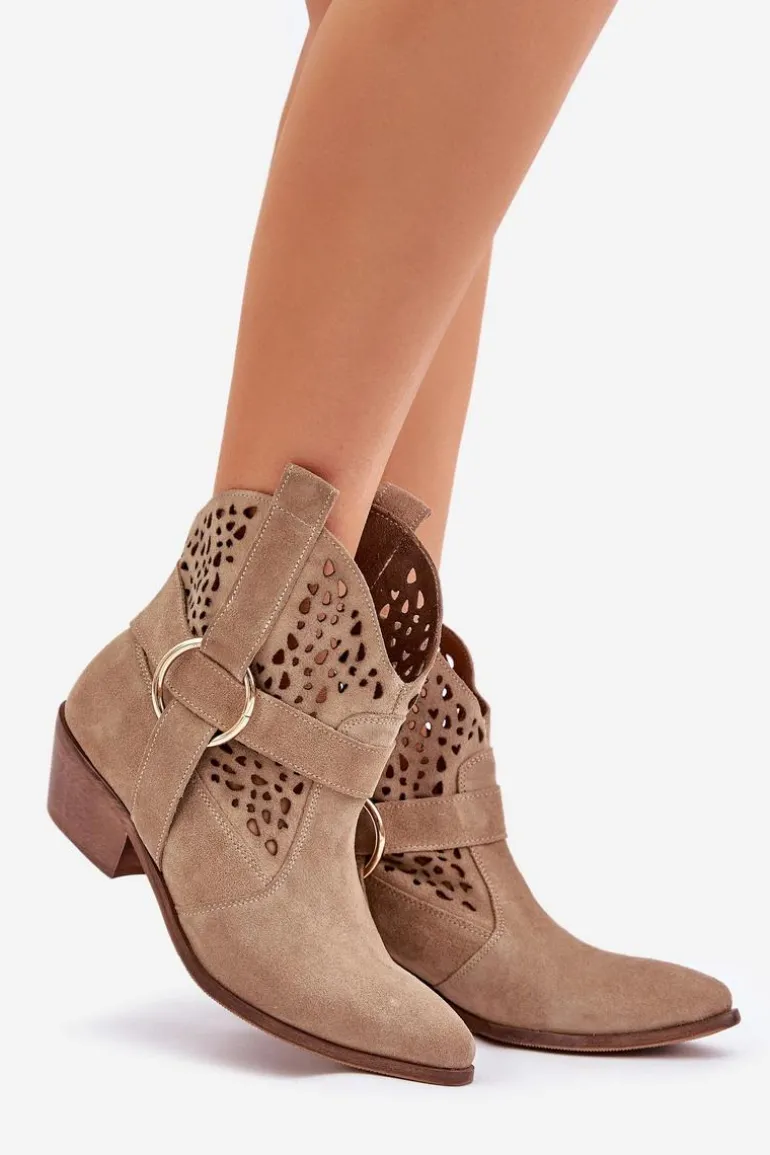 Zamszowe Botki Kowbojki Ażurowe Na Obcasie Zazoo 2994 Beżowe