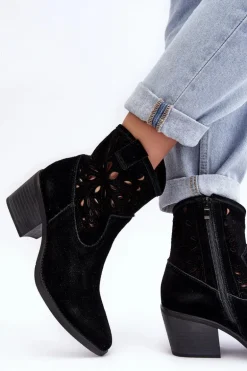 Zamszowe Botki Kowbojki Ażurowe D&A SN622-20 Czarne