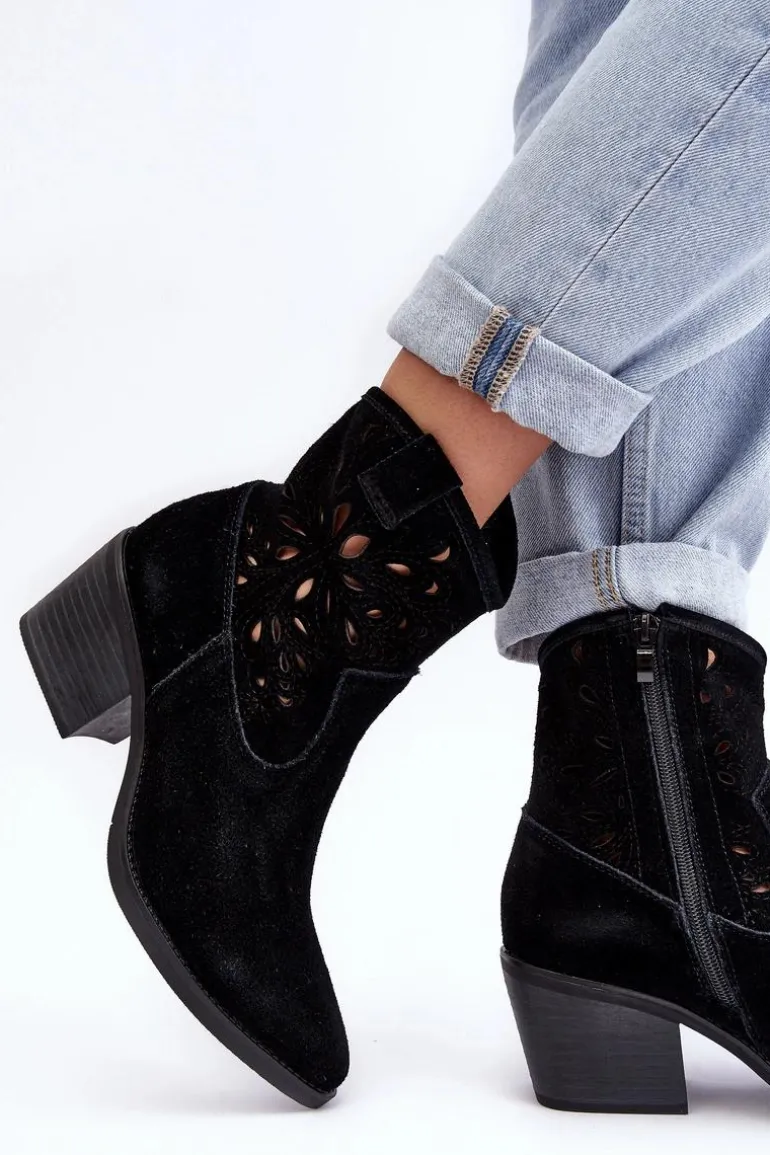 Zamszowe Botki Kowbojki Ażurowe D&A SN622-20 Czarne
