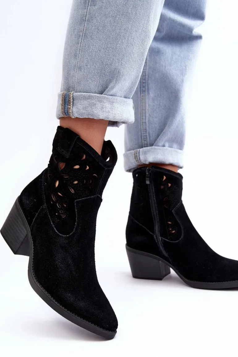 Zamszowe Botki Kowbojki Ażurowe D&A SN622-20 Czarne