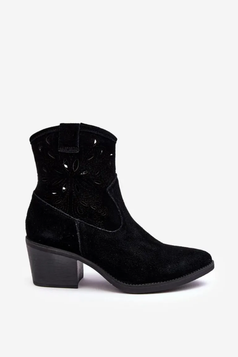 Zamszowe Botki Kowbojki Ażurowe D&A SN622-20 Czarne