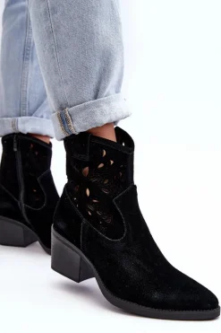 Zamszowe Botki Kowbojki Ażurowe D&A SN622-20 Czarne