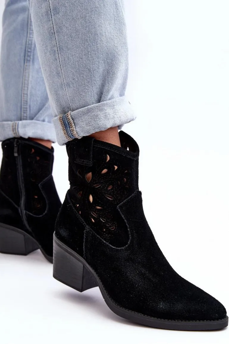 Zamszowe Botki Kowbojki Ażurowe D&A SN622-20 Czarne