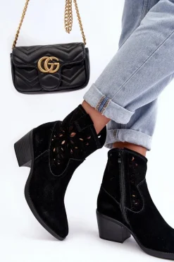 Zamszowe Botki Kowbojki Ażurowe D&A SN622-20 Czarne