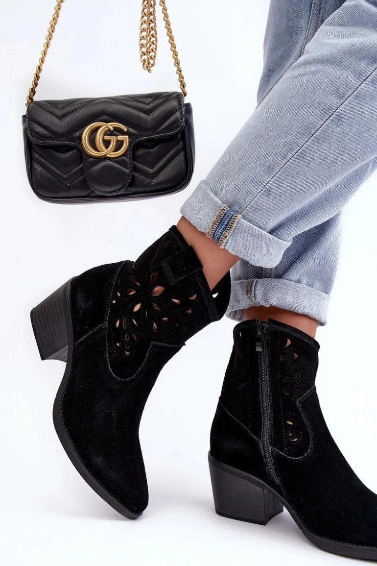 Zamszowe Botki Kowbojki Ażurowe D&A SN622-20 Czarne