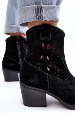 Zamszowe Botki Kowbojki Ażurowe D&A SN622-20 Czarne