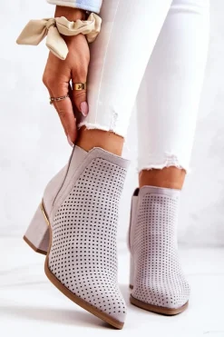 Zamszowe Botki Kowbojki Ażurowe Szare Helloni