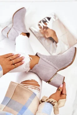 Zamszowe Botki Kowbojki Ażurowe Szare Helloni