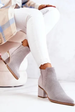 Zamszowe Botki Kowbojki Ażurowe Szare Helloni