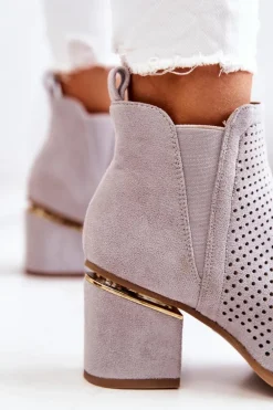 Zamszowe Botki Kowbojki Ażurowe Szare Helloni