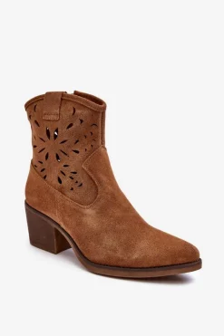 Zamszowe Botki Kowbojki Ażurowe D&A SN622-20 Camel