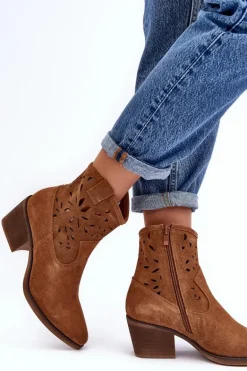 Zamszowe Botki Kowbojki Ażurowe D&A SN622-20 Camel