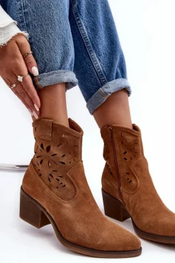 Zamszowe Botki Kowbojki Ażurowe D&A SN622-20 Camel