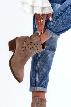 Zamszowe Botki Kowbojki Ażurowe D&A SN622-20 Ciemnobeżowe