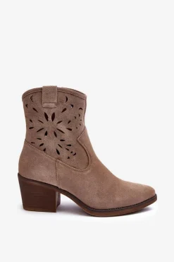 Zamszowe Botki Kowbojki Ażurowe D&A SN622-20 Ciemnobeżowe