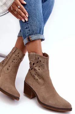 Zamszowe Botki Kowbojki Ażurowe D&A SN622-20 Ciemnobeżowe